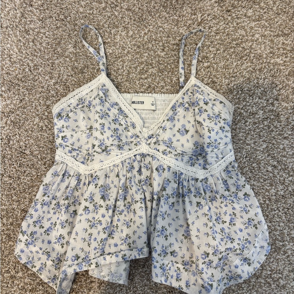 Hollister White and Blue Lace Trim Top